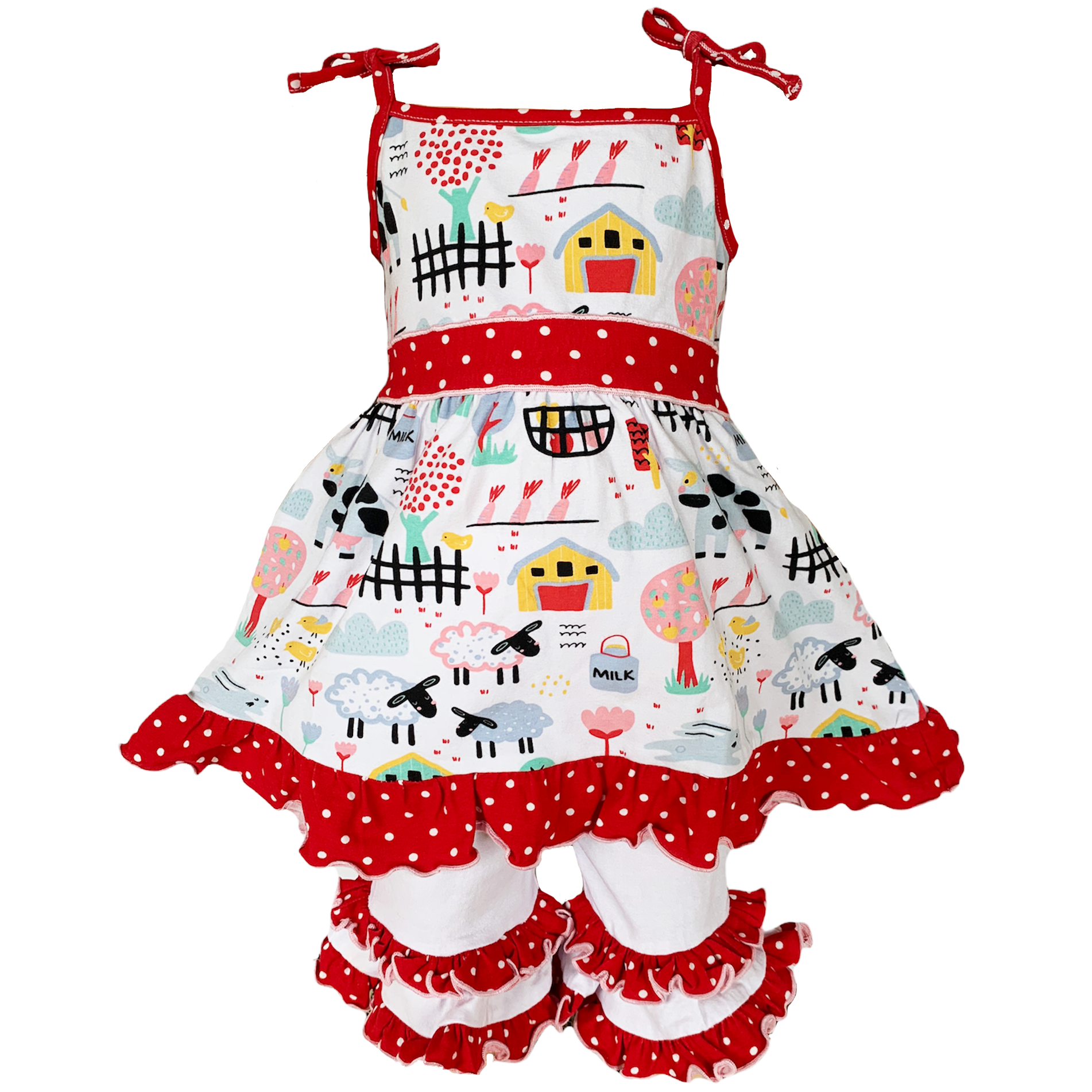 AnnLoren Little & Big Girls Farm Animals Dress with Capri Ruffle featuring farm animal print and pink-red polka dot sash.